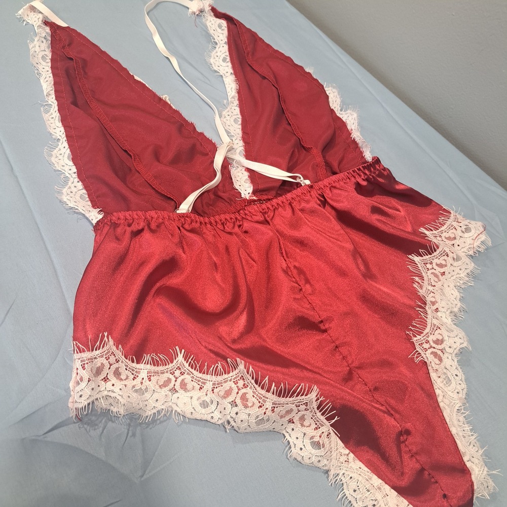 Red Satin Lace Trim Deep V-Neck Bodysuit Lingerie‎ Sexy Sultry